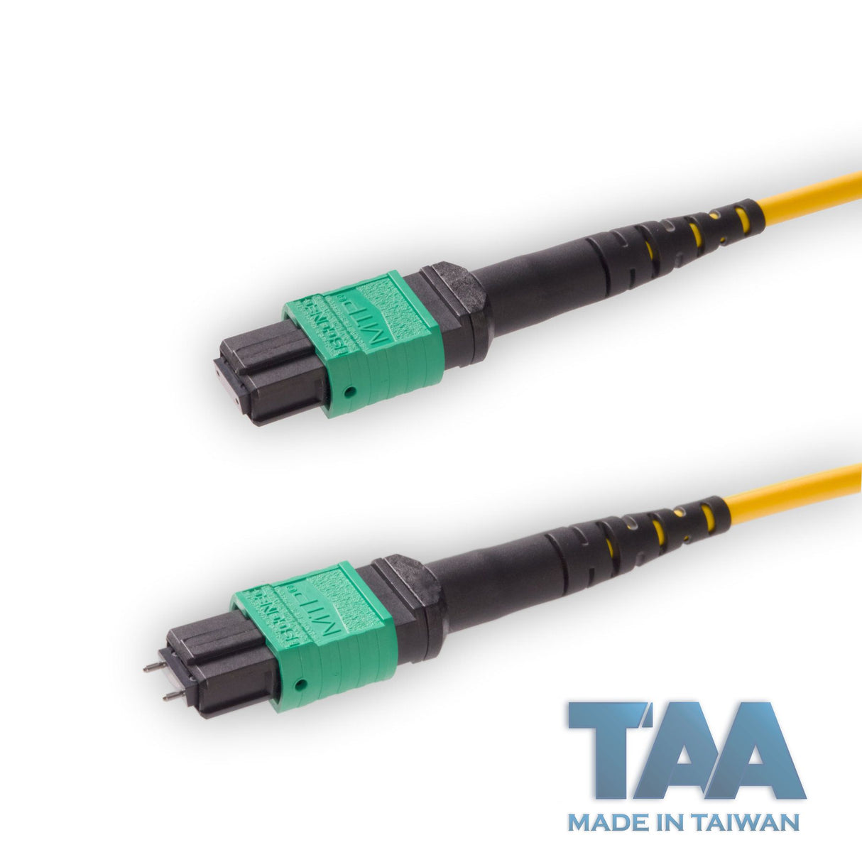 TAA Compliant | 12-Fiber Elite Pinned MTP/APC to Non-Pinned MTP/APC Jumper Cable | Corning SMF-28 Ultra Single-mode Optical Fiber | OS1/OS2 Compatible | Type A, Green MTP Connector, Yellow OFNP Cable Jacket