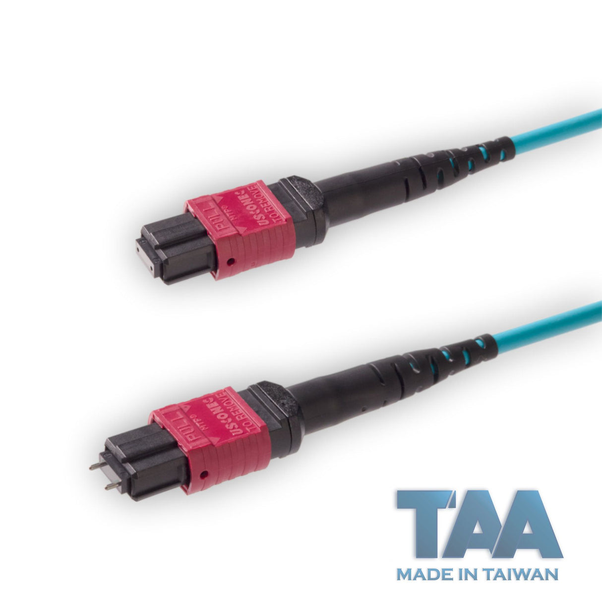 TAA Compliant | 12-Fiber Elite Pinned MTP/UPC to Non-Pinned MTP/UPC Jumper Cable | Corning ClearCurve OM4 Multimode Optical Fiber | Type A, Magenta MTP Connector, Aqua OFNP Cable Jacket
