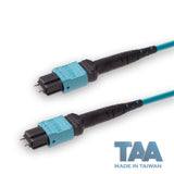 TAA Compliant | 12-Fiber Elite Pinned MTP/UPC to Pinned MTP/UPC Jumper Cable | Corning ClearCurve OM3 Multimode Optical Fiber | Type A, Aqua MTP Connector, Aqua OFNP Cable Jacket