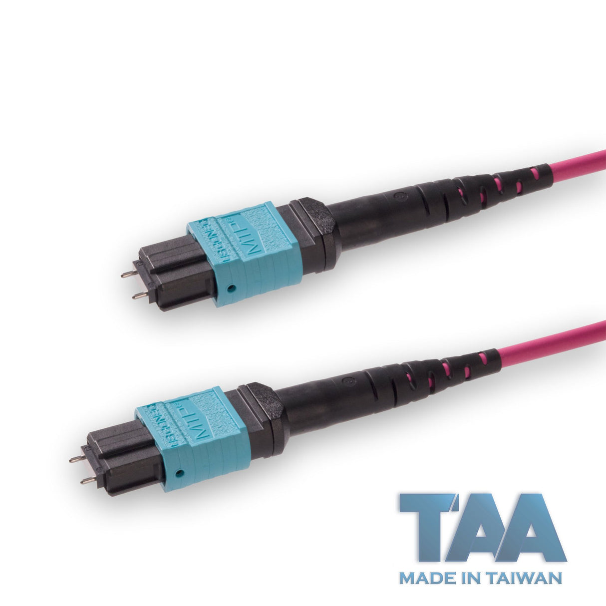 TAA Compliant | 12-Fiber Elite Pinned MTP/UPC to Pinned MTP/UPC Jumper Cable | Corning ClearCurve OM4 Multimode Optical Fiber | Type B, Aqua MTP Connector, Magenta OFNP Cable Jacket
