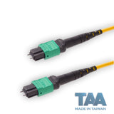 TAA Compliant | 12-Fiber Elite Pinned MTP/APC to Pinned MTP/APC Jumper Cable | Corning SMF-28 Ultra Single-mode Optical Fiber | OS1/OS2 Compatible | Type A, Green MTP Connector, Yellow OFNP Cable Jacket