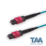 TAA Compliant | 12-Fiber Elite Pinned MTP/UPC to Pinned MTP/UPC Jumper Cable | Corning ClearCurve OM4 Multimode Optical Fiber | Type B, Magenta MTP Connector, Aqua OFNP Cable Jacket