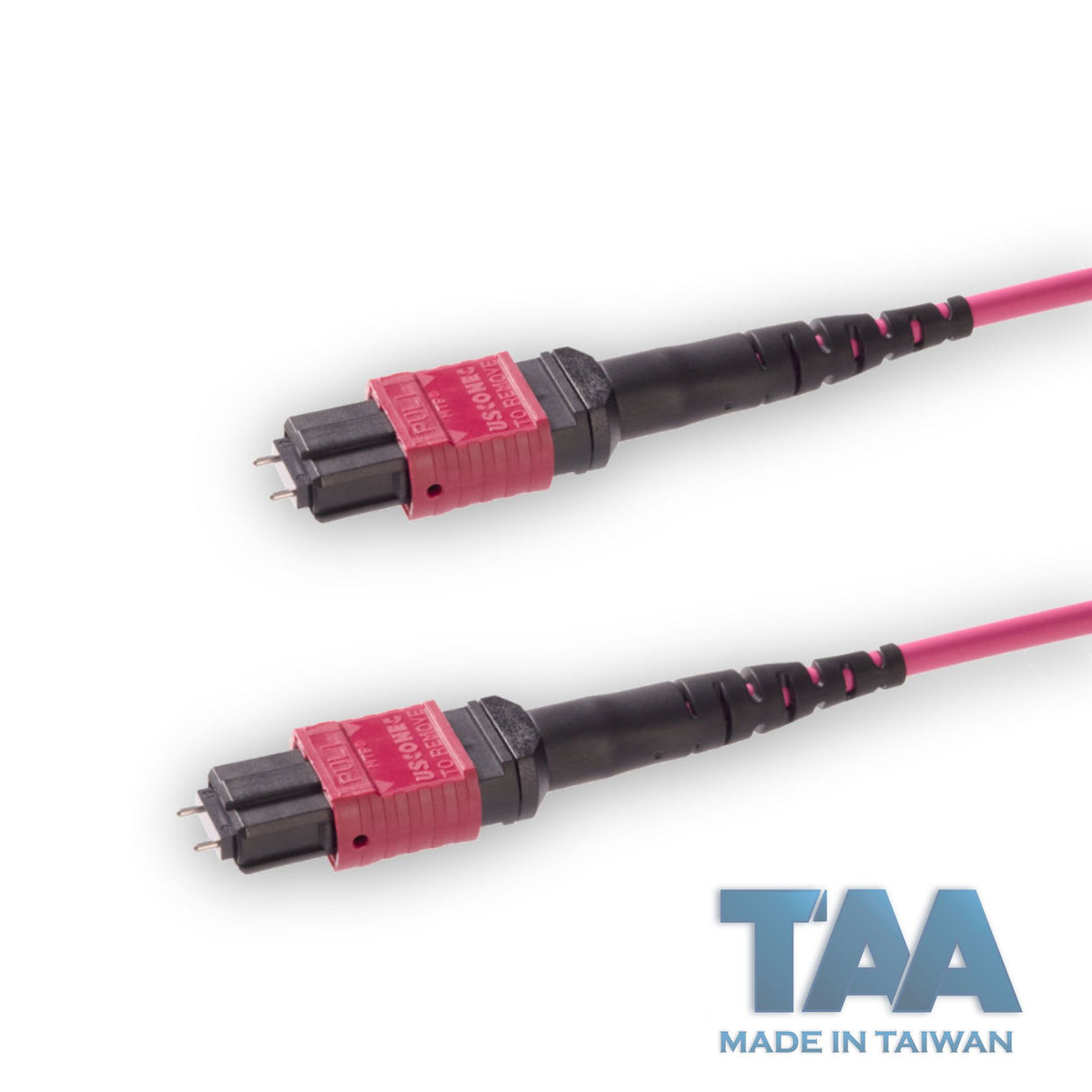 TAA Compliant | 12-Fiber Elite Pinned MTP/UPC to Pinned MTP/UPC Jumper Cable | Corning ClearCurve OM4 Multimode Optical Fiber | Type B, Magenta MTP Connector, Magenta OFNP Cable Jacket