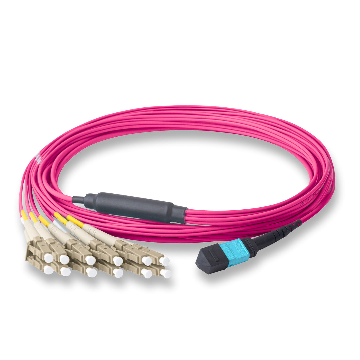 12-Fiber Elite Non-Pinned MTP/UPC to 6 x LC/UPC Duplex QSFP Type Breakout Cable | Corning ClearCurve OM4 Multimode Optical Fiber | Type B, Aqua MTP Connector, Beige LC Connector, Magenta OFNP Cable Jacket