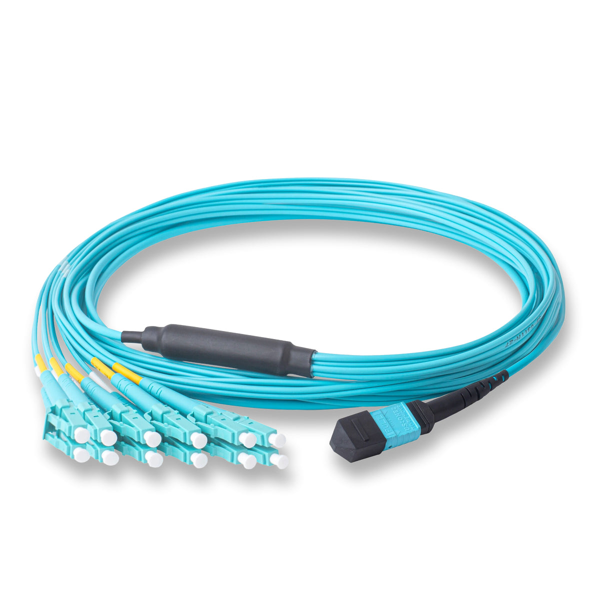 12-Fiber Elite Non-Pinned MTP/UPC to 6 x LC/UPC Duplex QSFP Type Breakout Cable | Corning ClearCurve OM4 Multimode Optical Fiber | Type B, Aqua MTP Connector, Aqua LC Connector, Aqua OFNP Cable Jacket