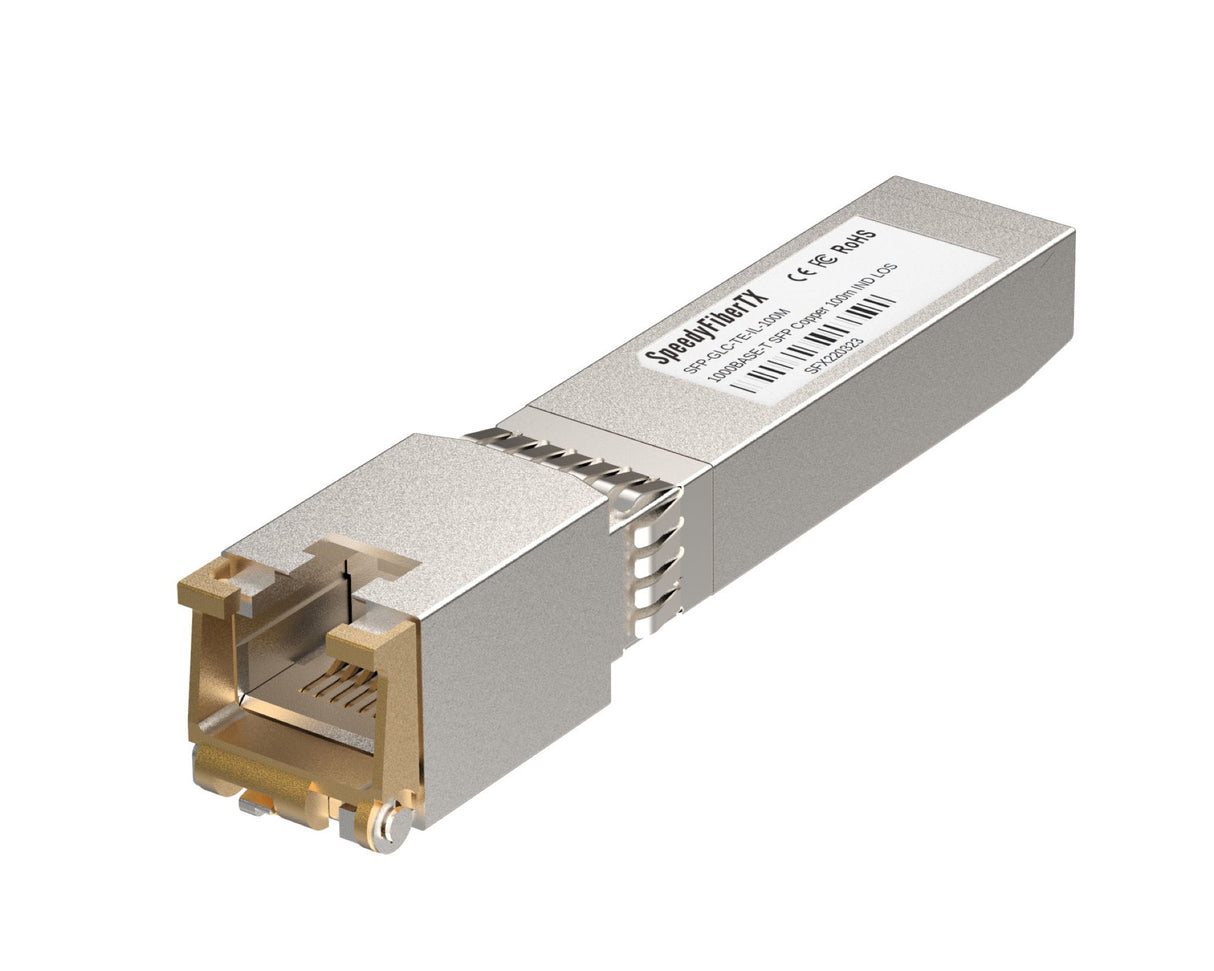 1000BASE-T SFP transceiver module with RJ-45 interface, supporting up to 100m link distance, industrial-grade low power design, compatible with Arista switches, routers, servers, and NICs.