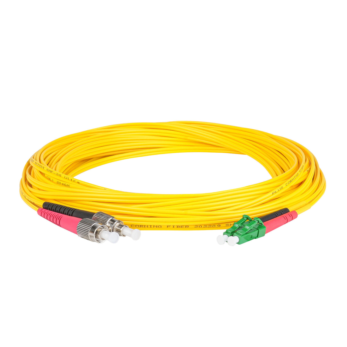 0.2dB LC/APC to FC/APC Single-mode Duplex Fiber Patch Cable | Corning SMF-28 Ultra Fiber | Red and Black Boots | OS1/OS2 Compatible | OFNR Jacket