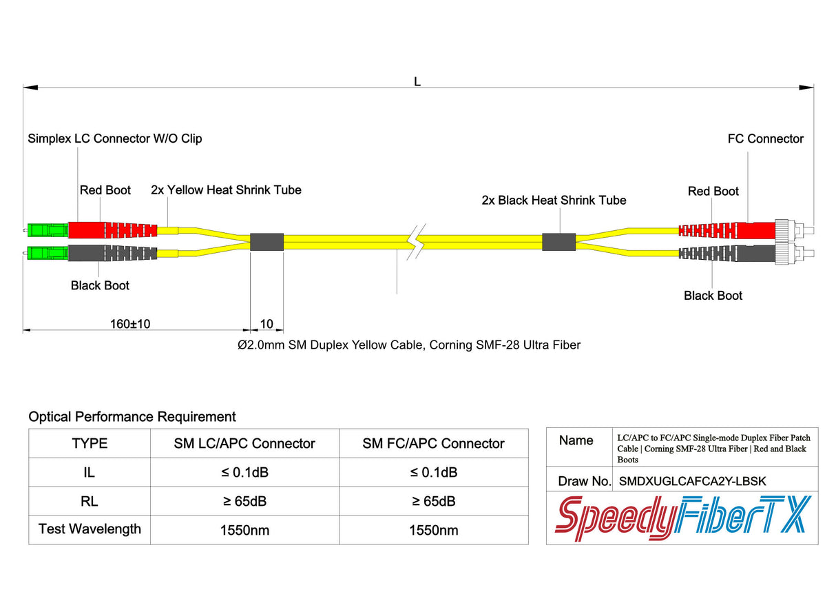 Ultra Low Loss 0.1dB LC/APC to FC/APC Single-mode Duplex Fiber Patch Cable | Corning SMF-28 Ultra Fiber | Red and Black Boots | OS1/OS2 Compatible | OFNR Jacket