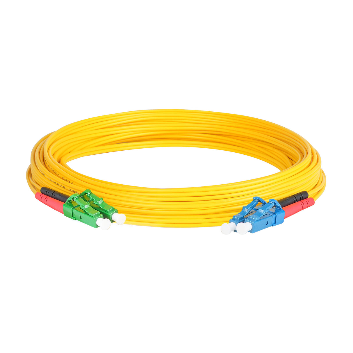 0.2dB LC/APC to LC/UPC Single-mode Duplex Fiber Patch Cable | Corning SMF-28 Ultra Fiber | Red and Black Boots | OS1/OS2 Compatible | OFNR Jacket