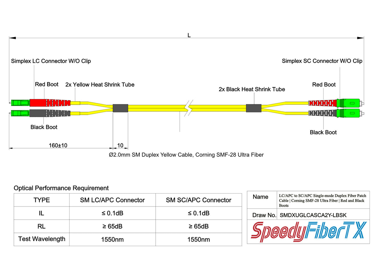 Ultra Low Loss 0.1dB LC/APC to SC/APC Single-mode Duplex Fiber Patch Cable | Corning SMF-28 Ultra Fiber | Red and Black Boots | OS1/OS2 Compatible | OFNR Jacket