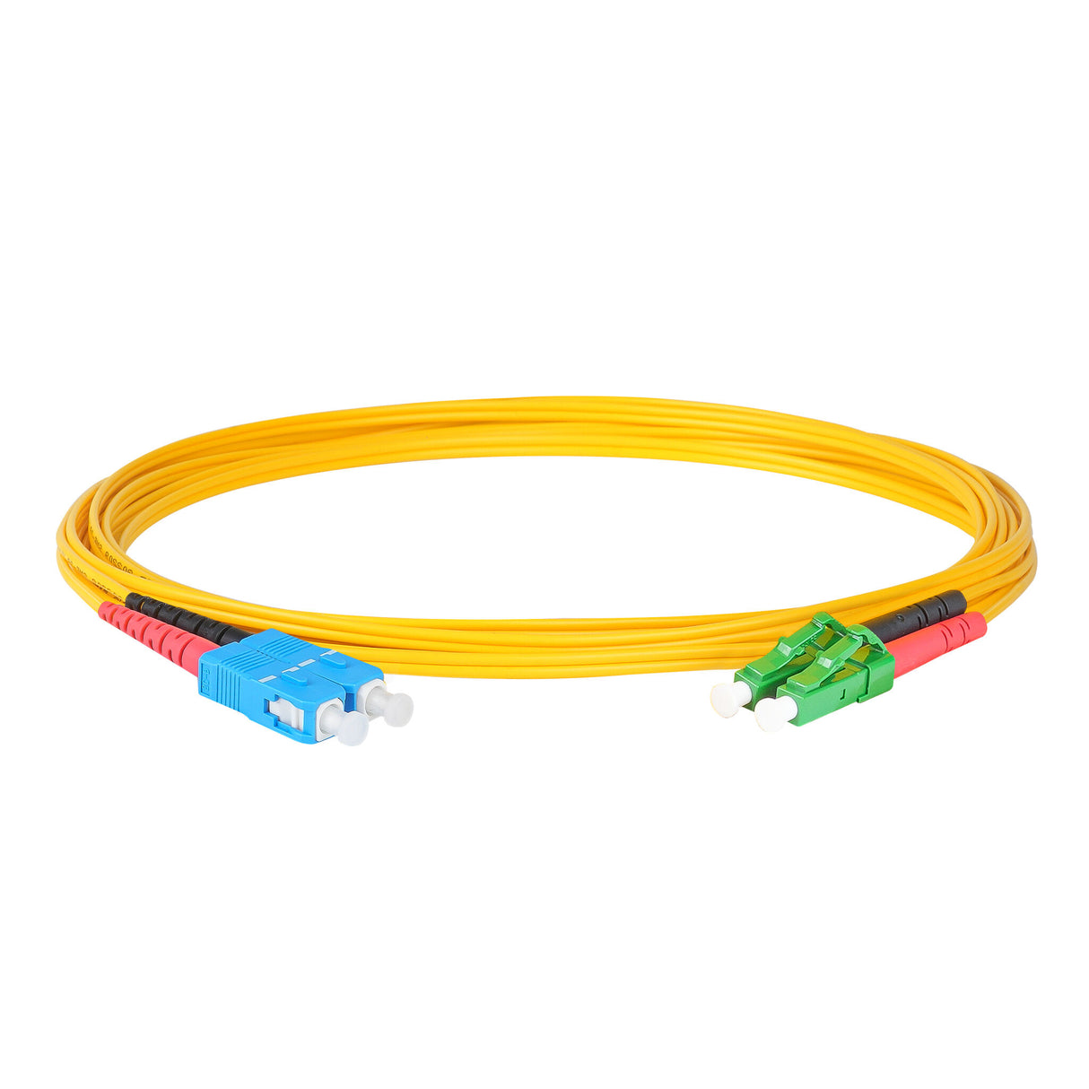 0.2dB LC/APC to SC/UPC Single-mode Duplex Fiber Patch Cable | Corning SMF-28 Ultra Fiber | Red and Black Boots | OS1/OS2 Compatible | OFNR Jacket