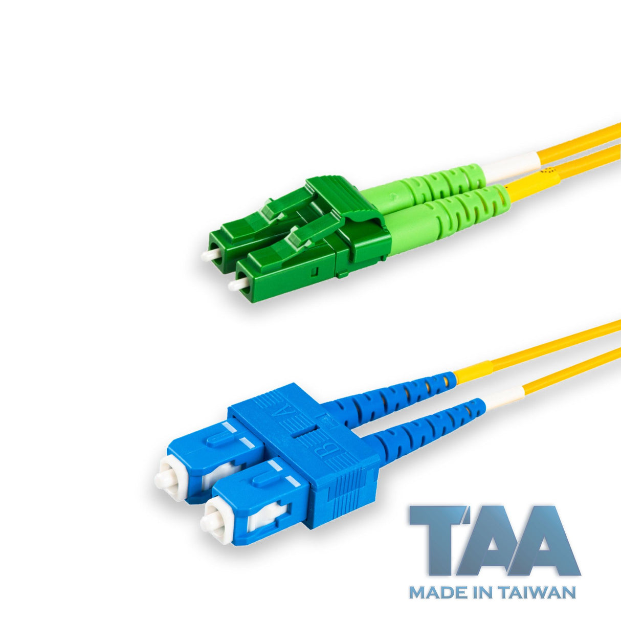 TAA Compliant Fiber Patch Cable | 0.2dB LC/APC to SC/UPC Single-mode Duplex | Corning SMF-28 Ultra Fiber | OS1/OS2 Compatible | OFNP Jacket