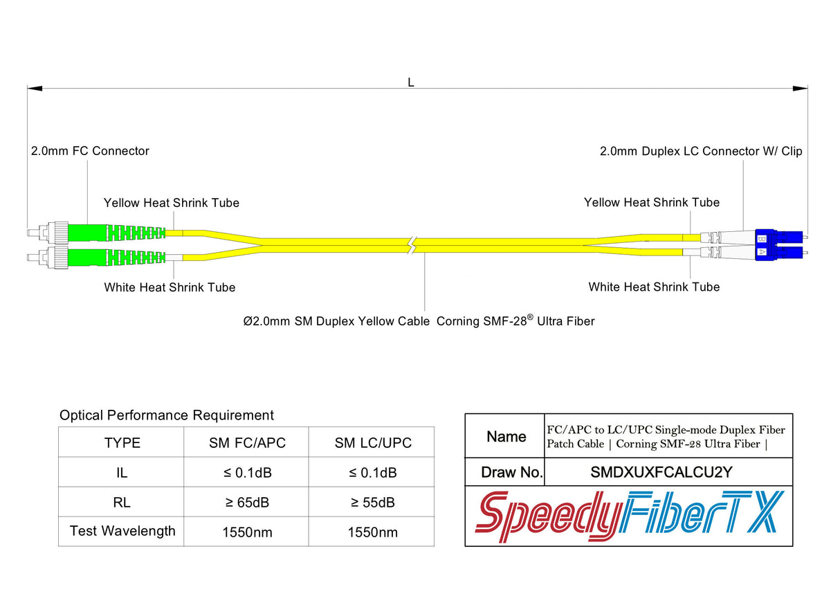 Ultra Low Loss 0.1dB FC/APC to LC/UPC Single-mode Duplex Fiber Patch Cable | Corning SMF-28 Ultra Fiber | OS1/OS2 Compatible | OFNR Jacket