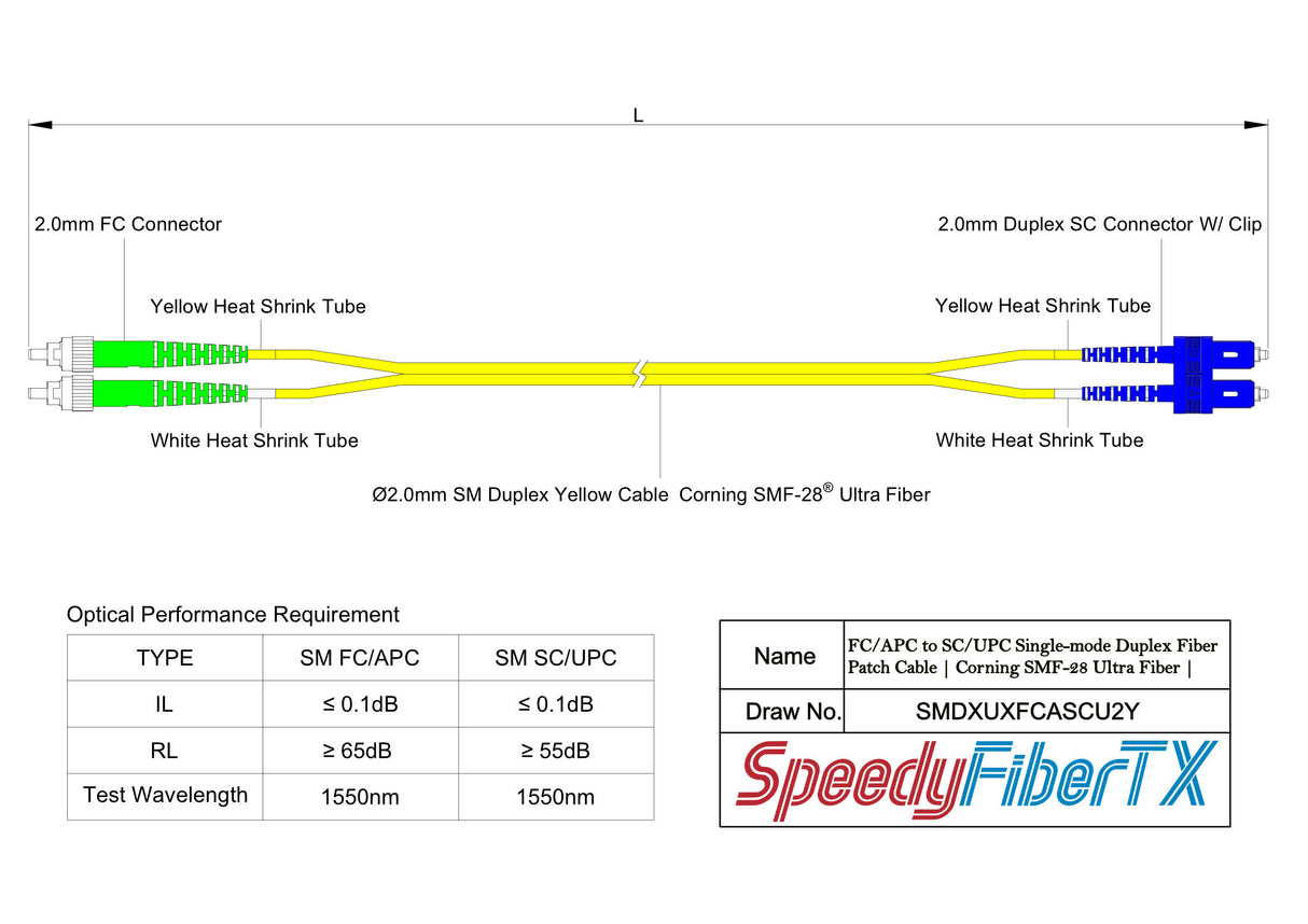 Ultra Low Loss 0.1dB FC/APC to SC/UPC Single-mode Duplex Fiber Patch Cable | Corning SMF-28 Ultra Fiber | OS1/OS2 Compatible | OFNR Jacket