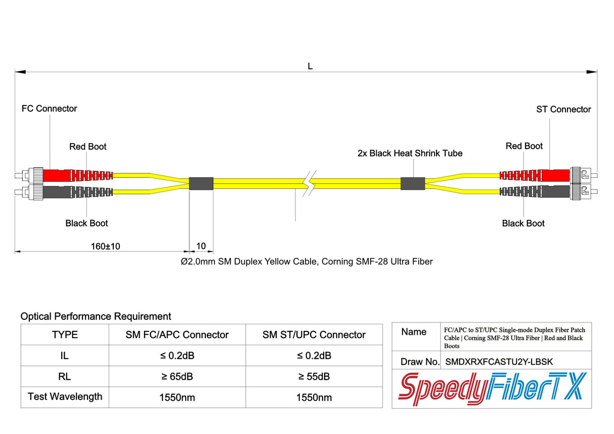 0.2dB FC/APC to ST/UPC Single-mode Duplex Fiber Patch Cable | Corning SMF-28 Ultra Fiber | Red and Black Boots | OS1/OS2 Compatible | OFNR Jacket