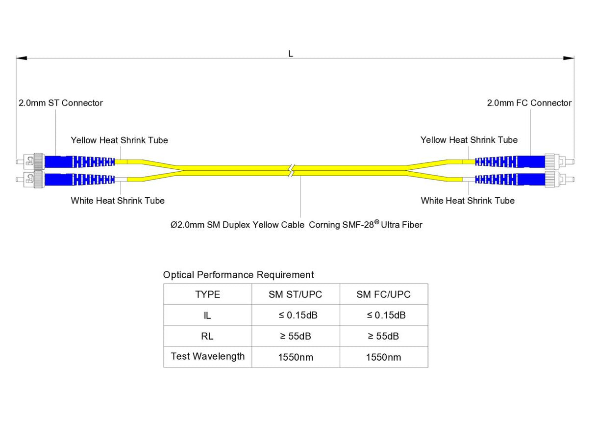 Low Loss 0.15dB ST/UPC to FC/UPC Single-mode Duplex Fiber Patch Cable | Corning SMF-28 Ultra Fiber | OS1/OS2 Compatible | LSZH Jacket