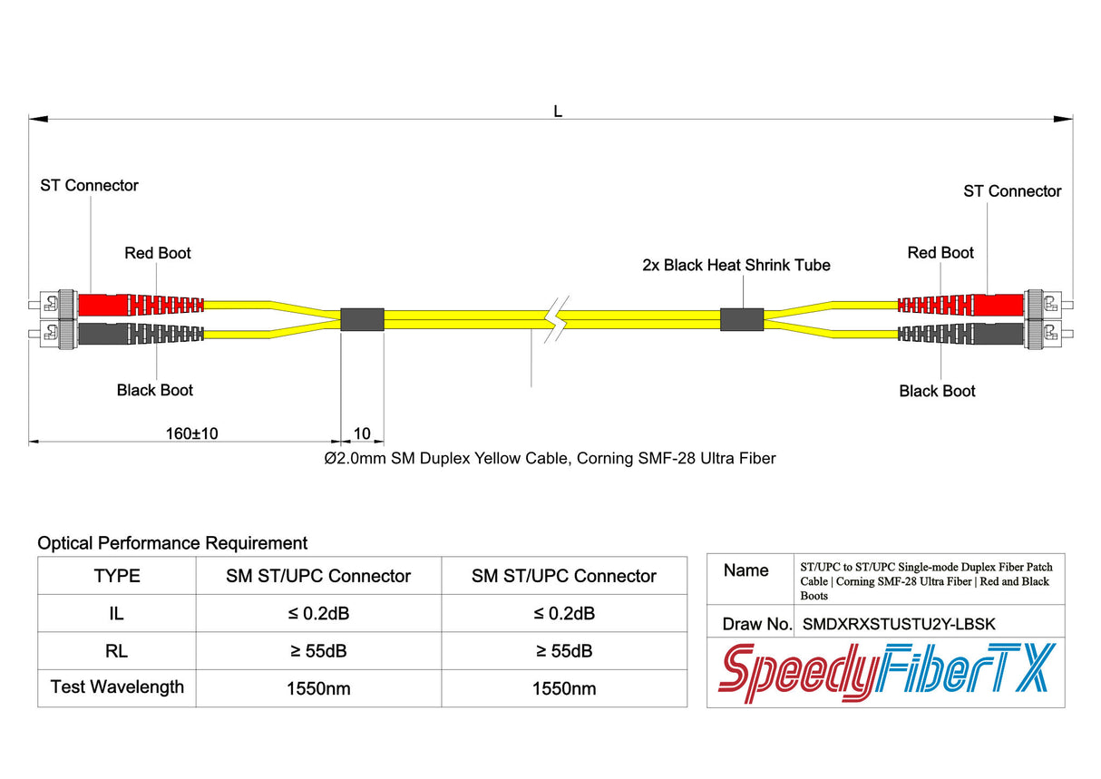 0.2dB ST/UPC to ST/UPC Single-mode Duplex Fiber Patch Cable | Corning SMF-28 Ultra Fiber | Red and Black Boots | OS1/OS2 Compatible | OFNR Jacket