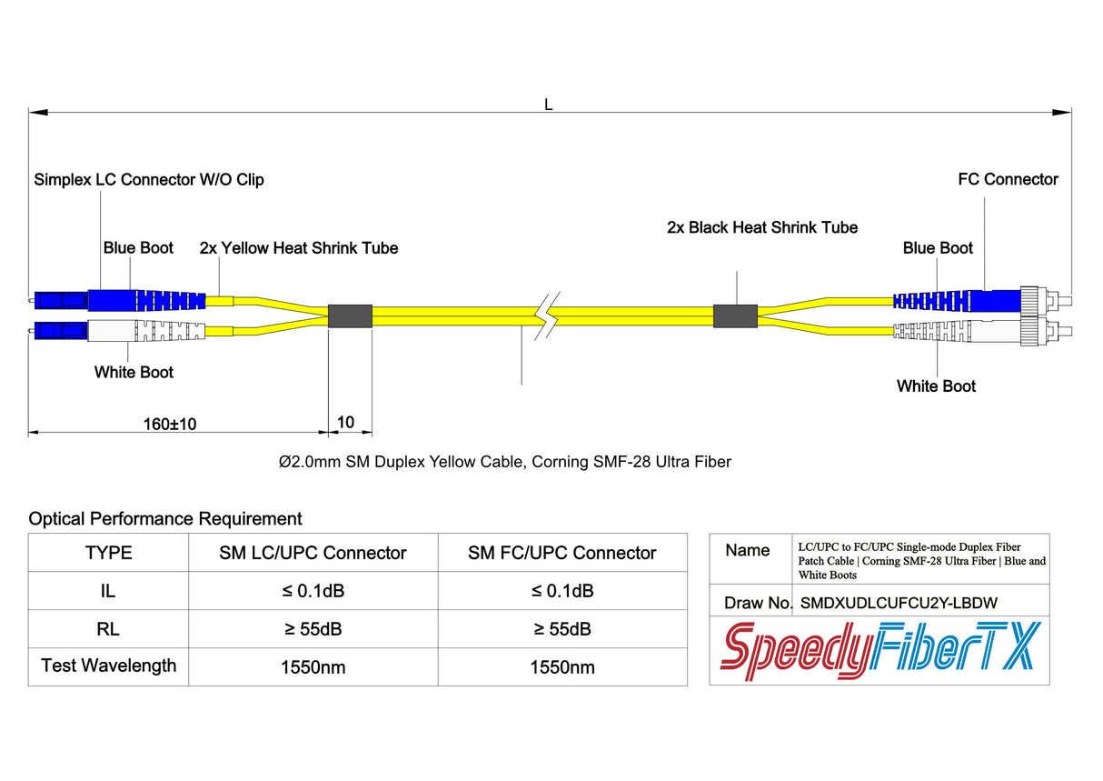 Ultra Low Loss 0.1dB LC/UPC to FC/UPC Single-mode Duplex Fiber Patch Cable | Corning SMF-28 Ultra Fiber | Blue and White Boots | OS1/OS2 Compatible | OFNR Jacket