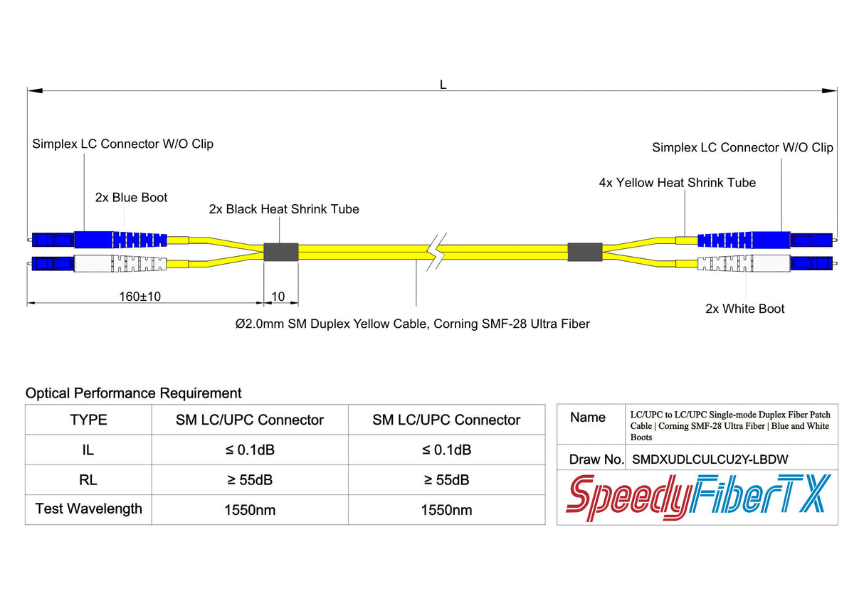 Ultra Low Loss 0.1dB LC/UPC to LC/UPC Single-mode Duplex Fiber Patch Cable | Corning SMF-28 Ultra Fiber | Blue and White Boots | OS1/OS2 Compatible | OFNR Jacket