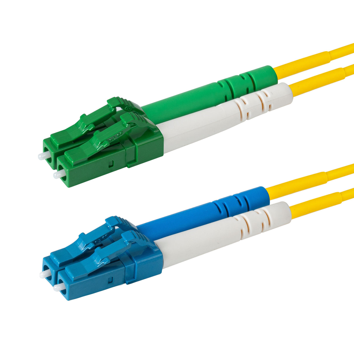 Ultra Low Loss 0.1dB LC/APC to LC/UPC Single-mode Duplex Fiber Patch Cable | Corning SMF-28 Ultra Fiber | Green, Blue and White Boots | OS1/OS2 Compatible | OFNR Jacket