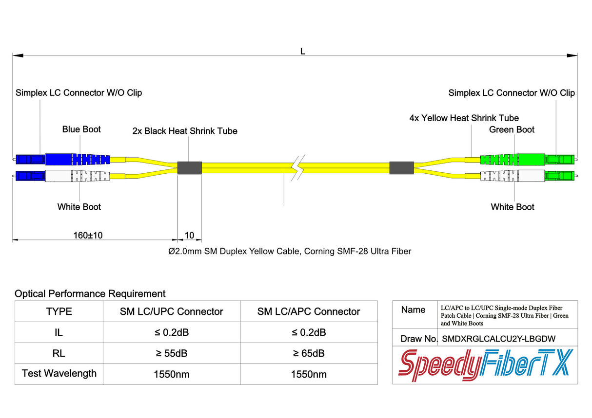 TAA Compliant Fiber Patch Cable | 0.2dB LC/APC to LC/UPC Single-mode Duplex | Corning SMF-28 Ultra Fiber | OS1/OS2 Compatible | OFNP Jacket