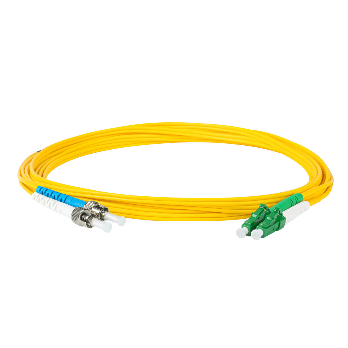 Ultra Low Loss 0.1dB LC/APC to ST/UPC Single-mode Duplex Fiber Patch Cable | Corning SMF-28 Ultra Fiber | Green, Blue and White Boots | OS1/OS2 Compatible | OFNR Jacket
