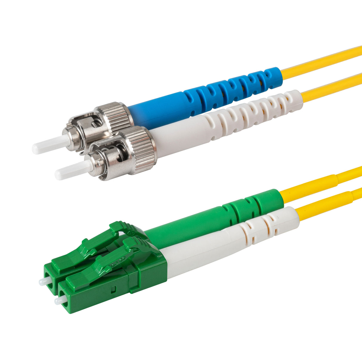 Ultra Low Loss 0.1dB LC/APC to ST/UPC Single-mode Duplex Fiber Patch Cable | Corning SMF-28 Ultra Fiber | Green, Blue and White Boots | OS1/OS2 Compatible | OFNR Jacket