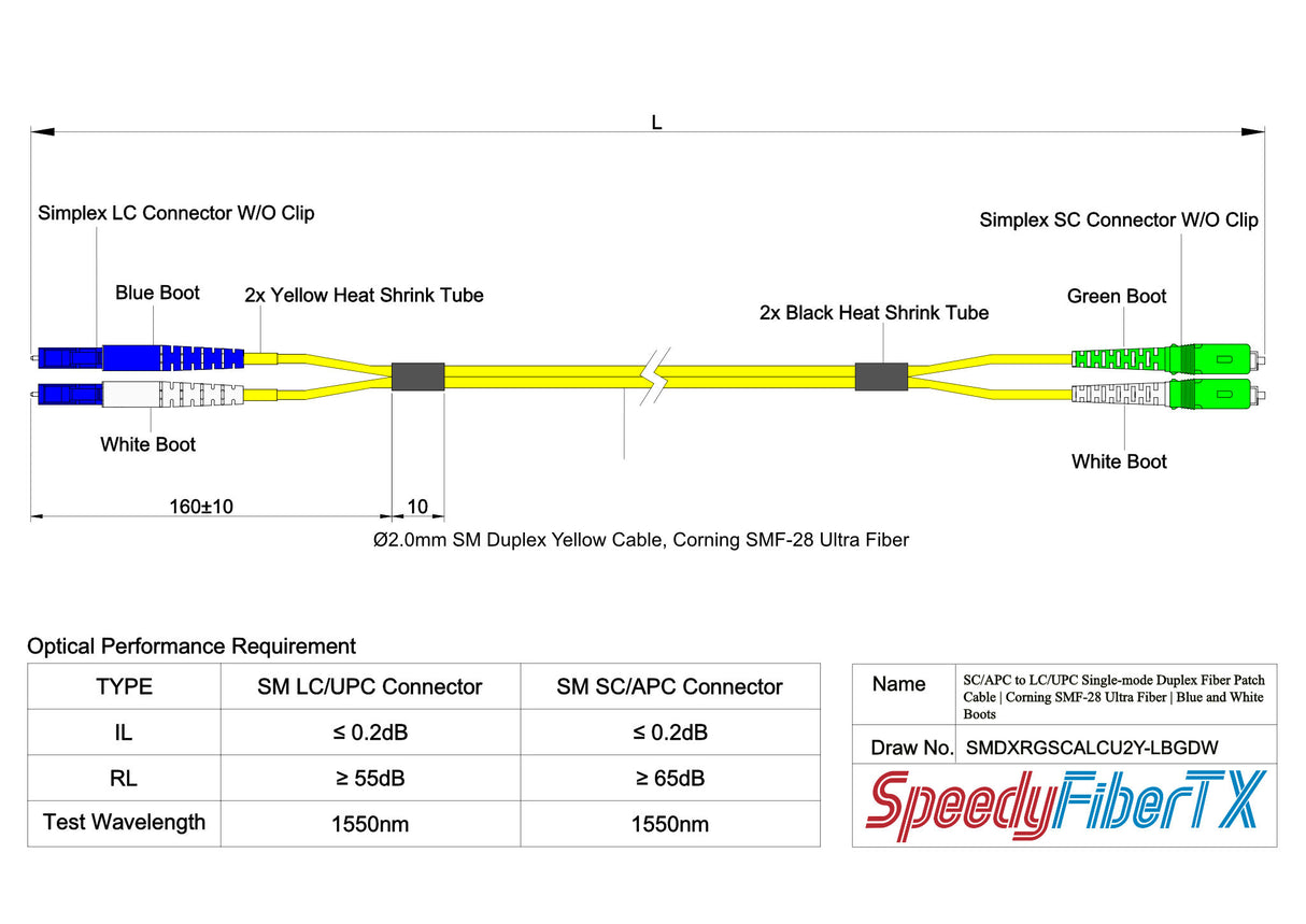 TAA Compliant Fiber Patch Cable | 0.2dB SC/APC to LC/UPC Single-mode Duplex | Corning SMF-28 Ultra Fiber | OS1/OS2 Compatible | OFNP Jacket