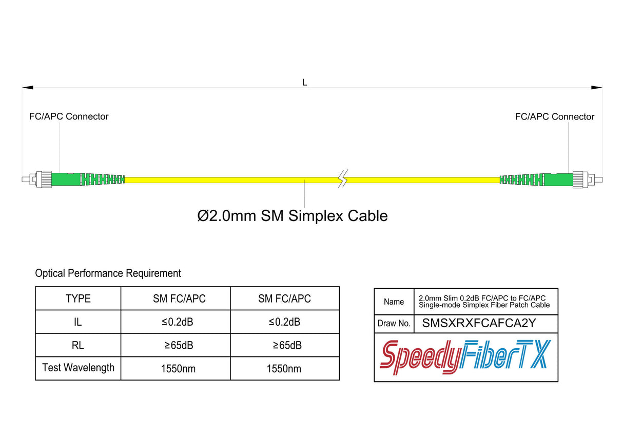 0.2dB Slim FC/APC to FC/APC Single-mode Simplex Fiber Patch Cable | Corning SMF-28 Ultra Fiber | OS1/OS2 Compatible | OFNR Jacket
