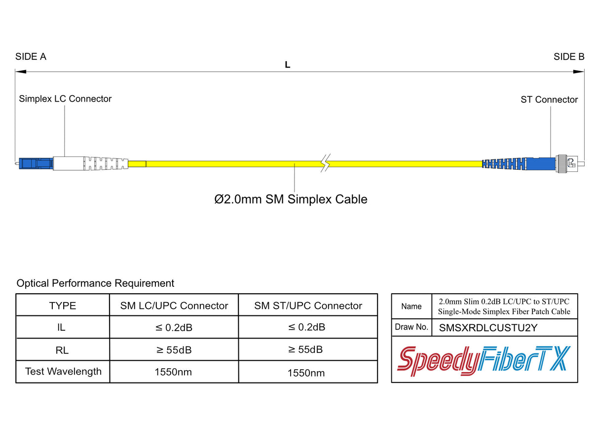 0.2dB Slim LC/UPC to ST/UPC Single-mode Simplex Fiber Patch Cable | Corning SMF-28 Ultra Fiber | OS1/OS2 Compatible | OFNR Jacket