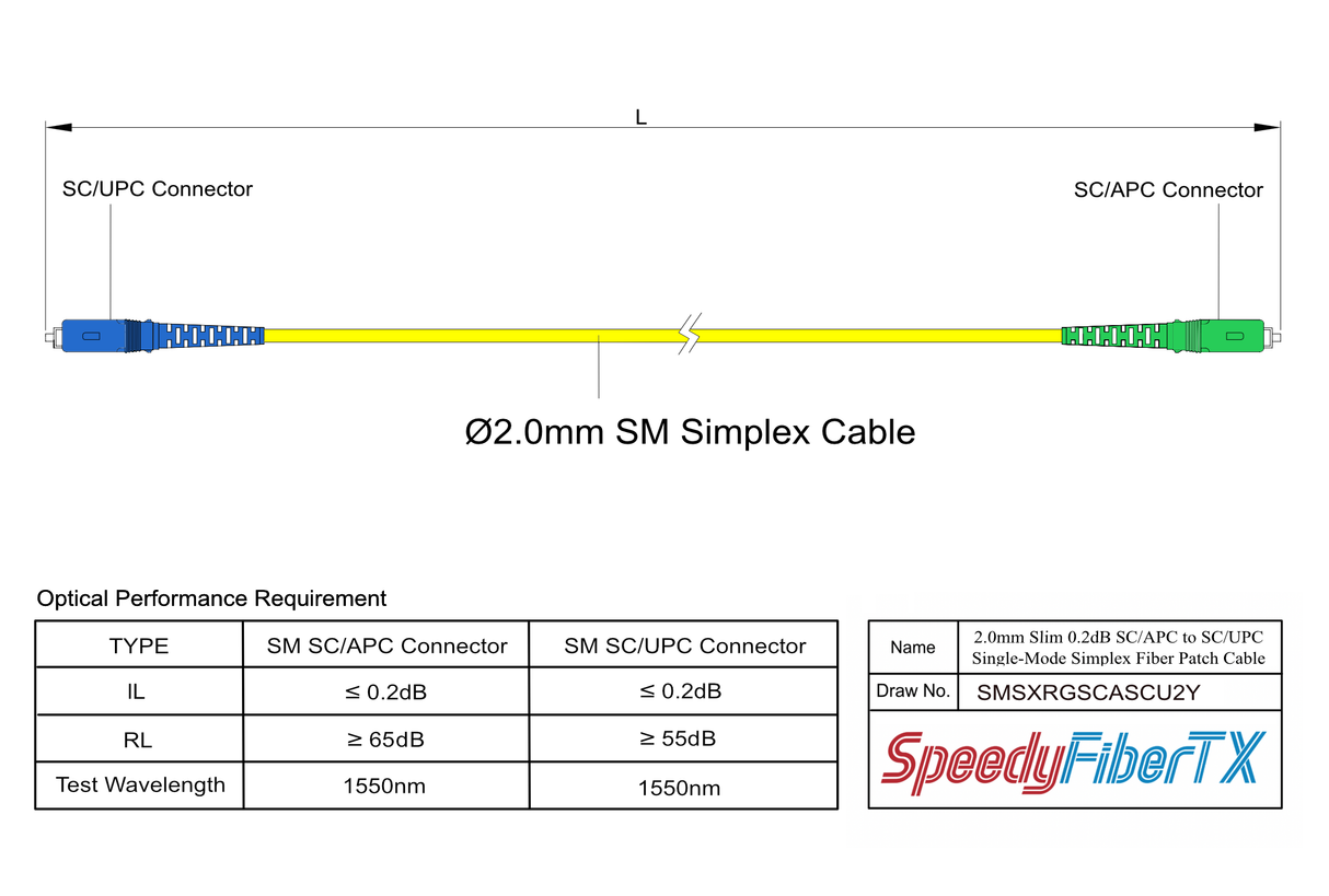 0.2dB Slim SC/APC to SC/UPC Single-mode Simplex Fiber Patch Cable | Corning SMF-28 Ultra Fiber | OS1/OS2 Compatible | OFNR Jacket