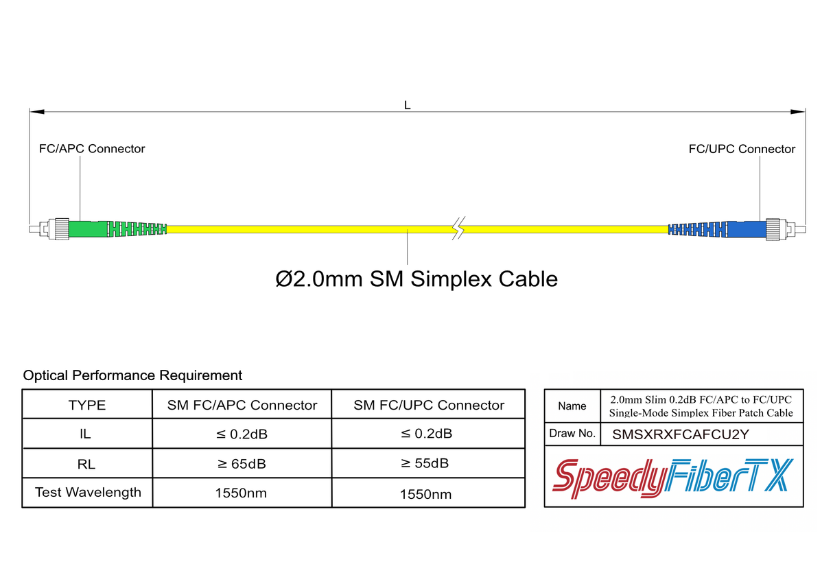 0.2dB Slim FC/APC to FC/UPC Single-mode Simplex Fiber Patch Cable | Corning SMF-28 Ultra Fiber | OS1/OS2 Compatible | OFNR Jacket