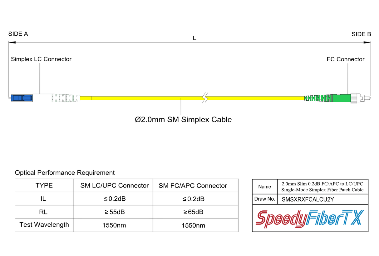 0.2dB Slim FC/APC to LC/UPC Single-mode Simplex Fiber Patch Cable | Corning SMF-28 Ultra Fiber | OS1/OS2 Compatible | OFNR Jacket