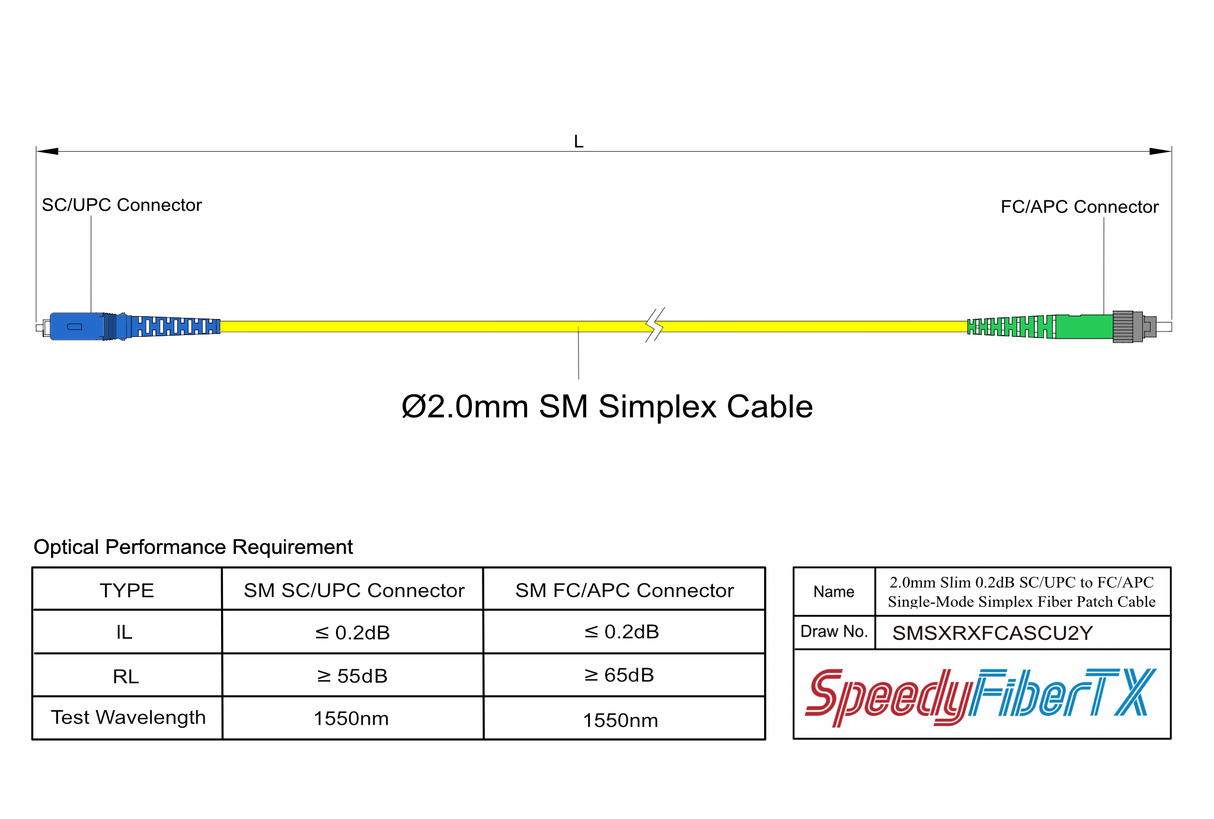 0.2dB Slim FC/APC to SC/UPC Single-mode Simplex Fiber Patch Cable | Corning SMF-28 Ultra Fiber | OS1/OS2 Compatible | OFNR Jacket