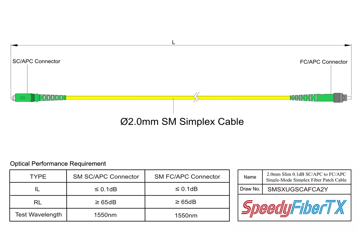 Ultra Low Loss 0.1dB Slim SC/APC to FC/APC Single-mode Simplex Fiber Patch Cable | Corning SMF-28 Ultra Fiber | OS1/OS2 Compatible | OFNR Jacket