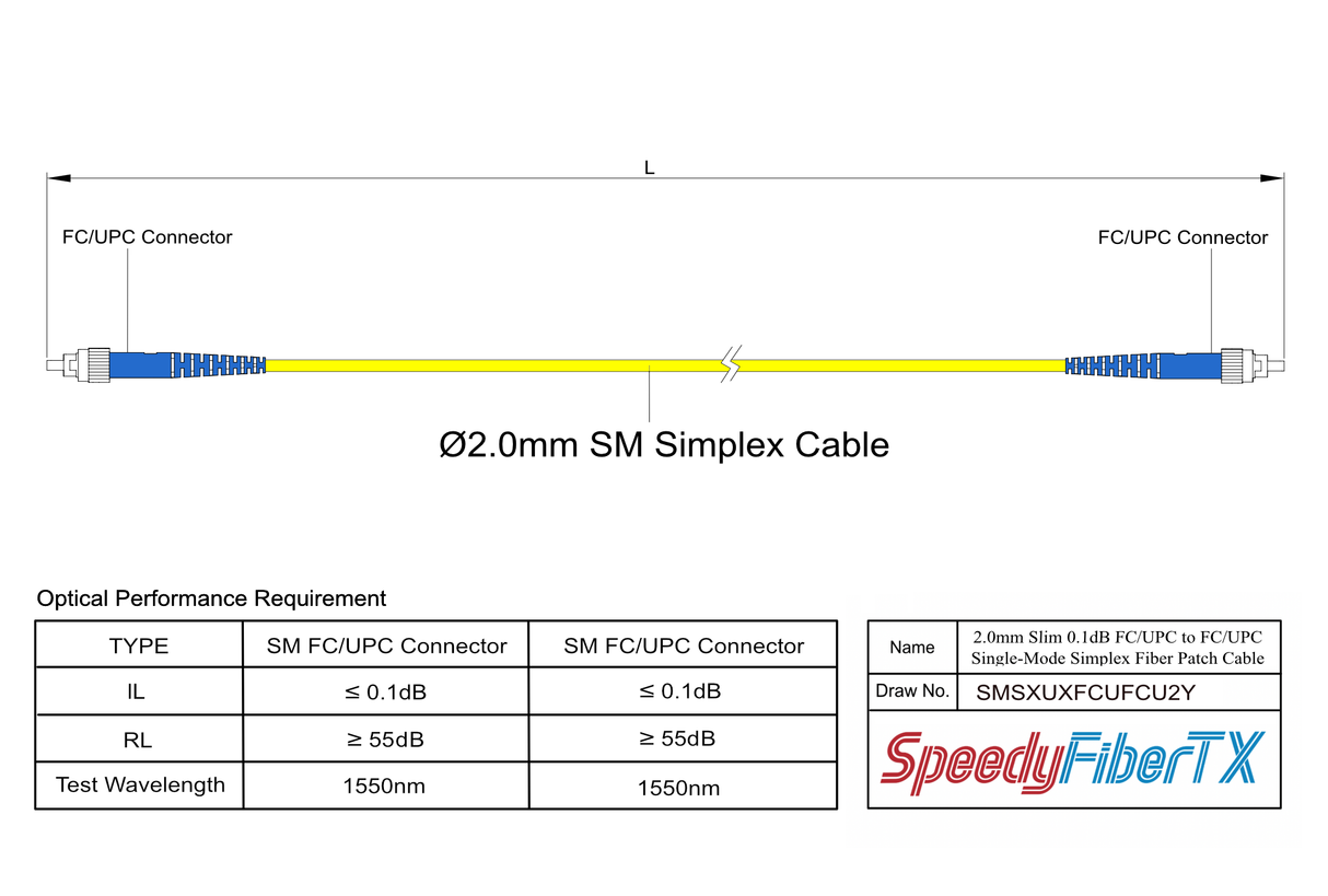 Ultra Low Loss 0.1dB Slim FC/UPC to FC/UPC Single-mode Simplex Fiber Patch Cable | Corning SMF-28 Ultra Fiber | OS1/OS2 Compatible | OFNR Jacket