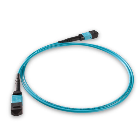 12-Fiber Elite Non-Pinned MPO UPC to MPO UPC Jumper with Corning® ClearCurve® Multimode Fiber, Type B polarity, Aqua MPO connectors, and Aqua jacket, optimized for 40GBASE-SR4 and 100GBASE-SR4 multimode parallel optics in high-density data centers.
