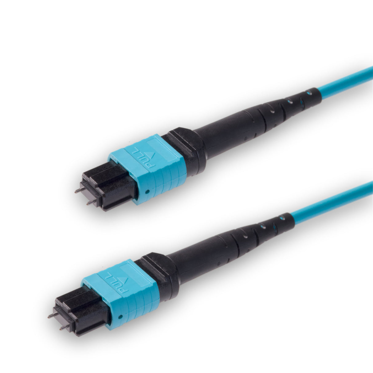 12-Fiber Low Loss Pinned MPO/UPC to Pinned MPO/UPC Jumper Cable | Corning ClearCurve OM3 Multimode Optical Fiber | Type A, Aqua MPO Connector, Aqua LSZH Cable Jacket