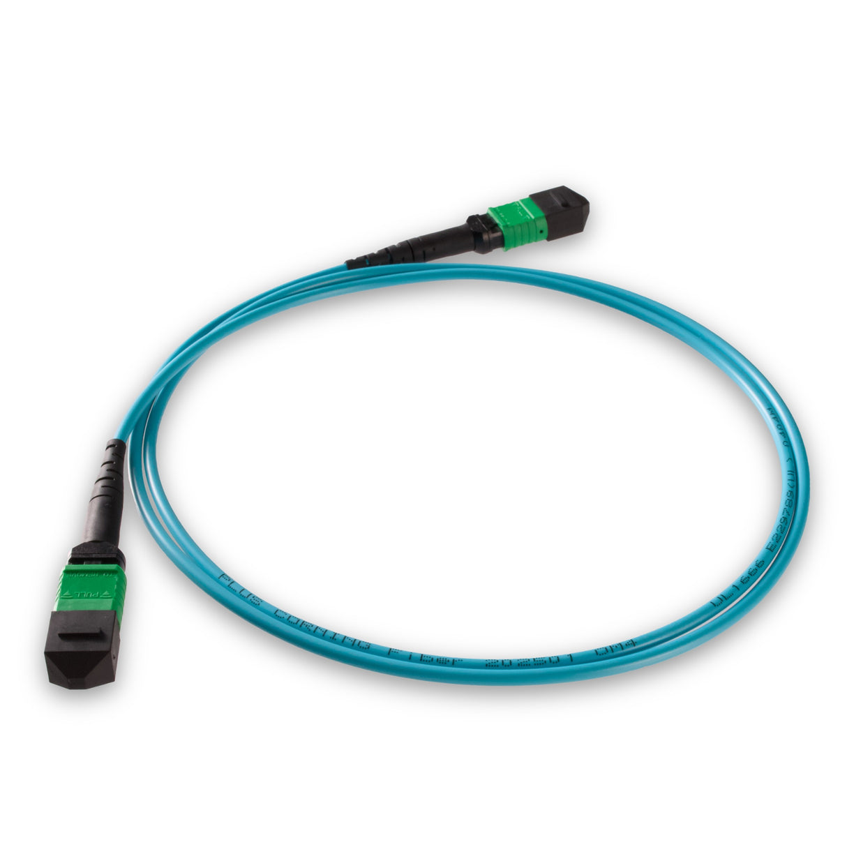 8-Fiber Low Loss Non-Pinned MPO/APC to Non-Pinned MPO/APC Jumper Cable | Corning ClearCurve OM4 Multimode Optical Fiber | Type B, Green MPO Connector, Aqua OFNP Cable Jacket