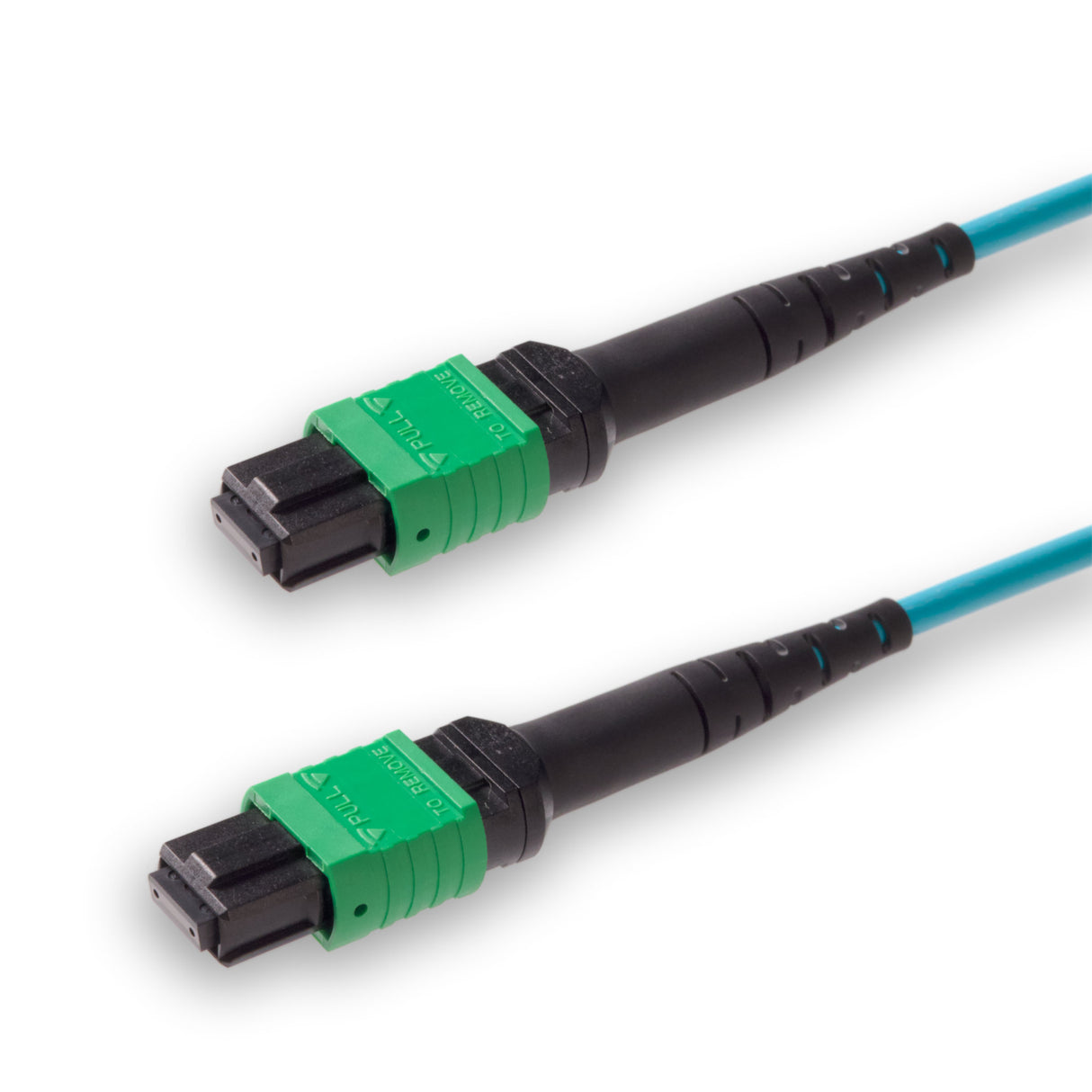 8-Fiber Low Loss Non-Pinned MPO/APC to Non-Pinned MPO/APC Jumper Cable | Corning ClearCurve OM4 Multimode Optical Fiber | Type B, Green MPO Connector, Aqua OFNP Cable Jacket