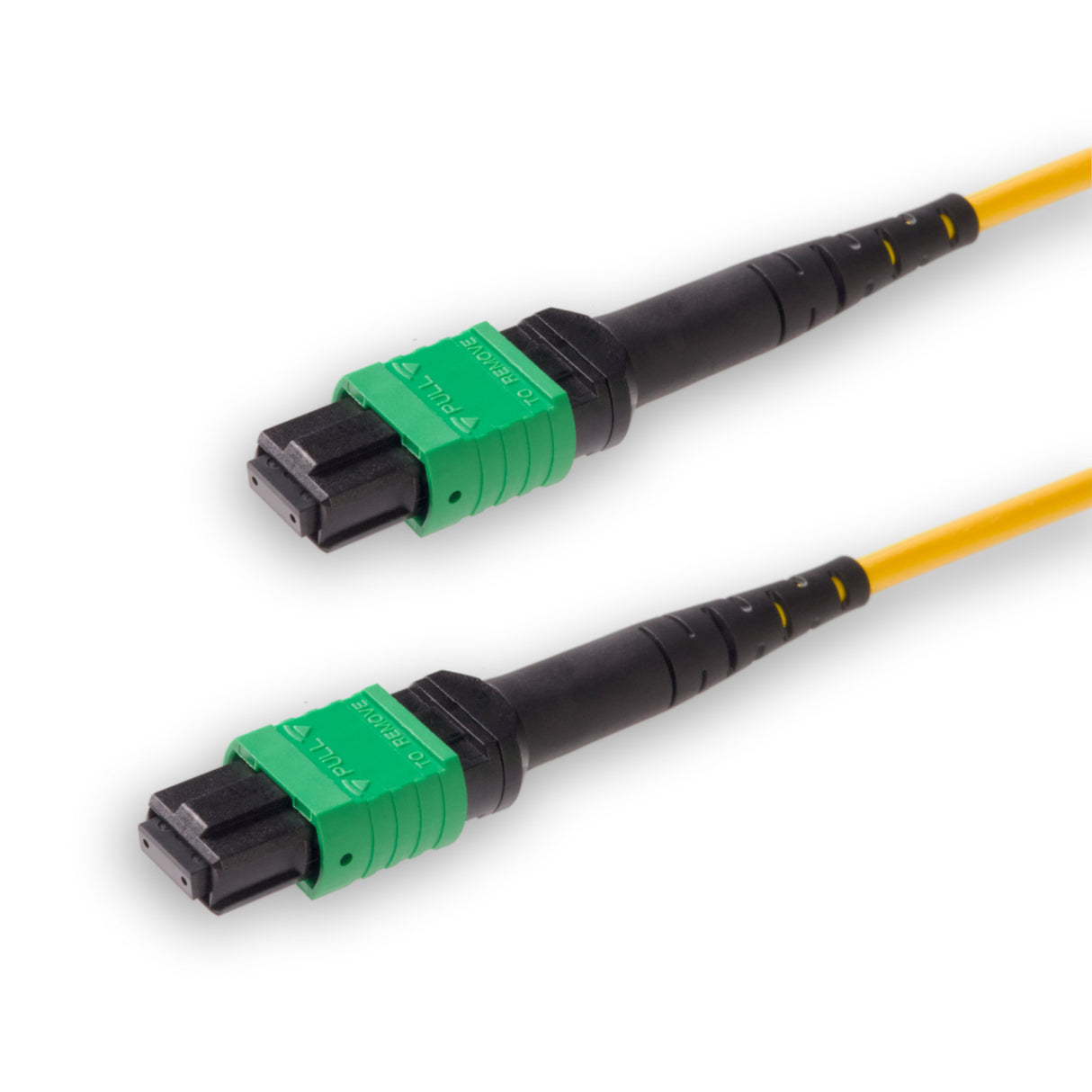 12-Fiber Low Loss Non-Pinned MPO/APC to Non-Pinned MPO/APC Jumper Cable | Corning SMF-28 Ultra Single-mode Optical Fiber | OS1/OS2 Compatible | Type A, Green MPO Connector, Yellow OFNP Cable Jacket