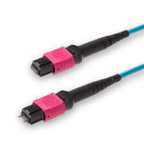 12-Fiber Low Loss Pinned MPO/UPC to Non-Pinned MPO/UPC Jumper Cable | Corning ClearCurve OM4 Multimode Optical Fiber | Type B, Magenta MPO Connector, Aqua OFNR Cable Jacket