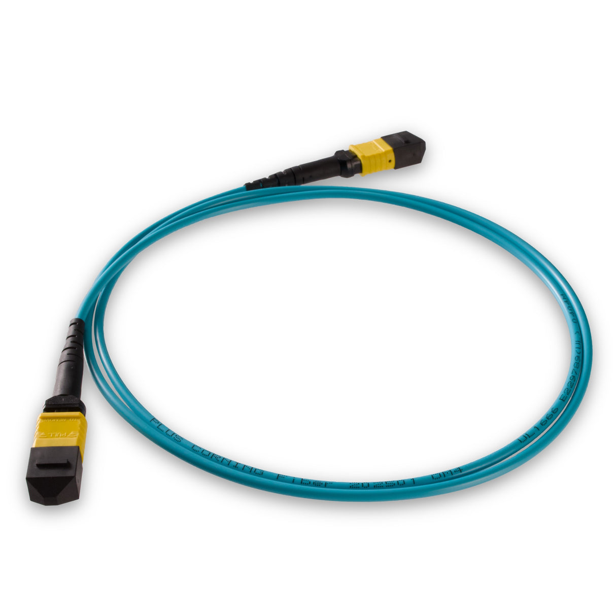 TAA Compliant | 8-Fiber Low Loss Non-Pinned MPO/APC to Non-Pinned MPO/APC Jumper Cable | Corning ClearCurve OM4 Multimode Optical Fiber | Type B, Yellow MPO Connector, Aqua OFNP Cable Jacket