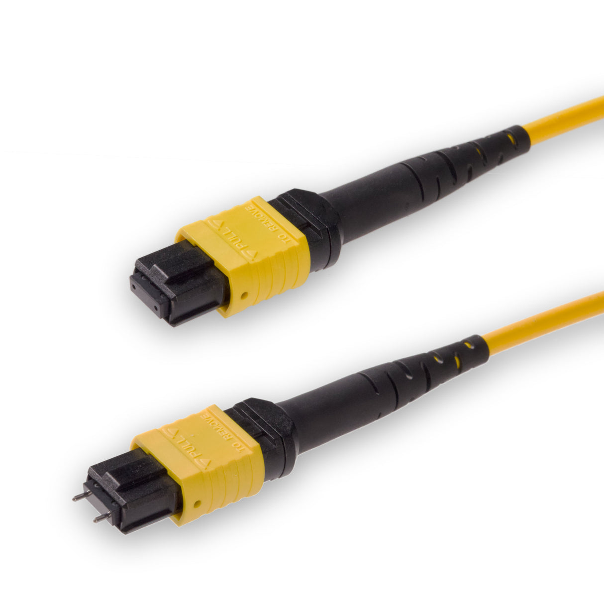 12-Fiber Low Loss Pinned MPO/APC to Non-Pinned MPO/APC Jumper Cable | Corning SMF-28 Ultra Single-mode Optical Fiber | OS1/OS2 Compatible | Type A, Yellow MPO Connector, Yellow OFNR Cable Jacket