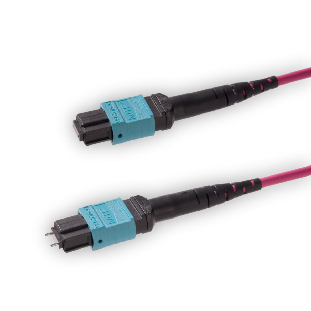 12-Fiber Elite Pinned MTP/UPC to Non-Pinned MTP/UPC Jumper Cable | Corning ClearCurve OM4 Multimode Optical Fiber | Type B, Aqua MTP Connector, Magenta LSZH Cable Jacket