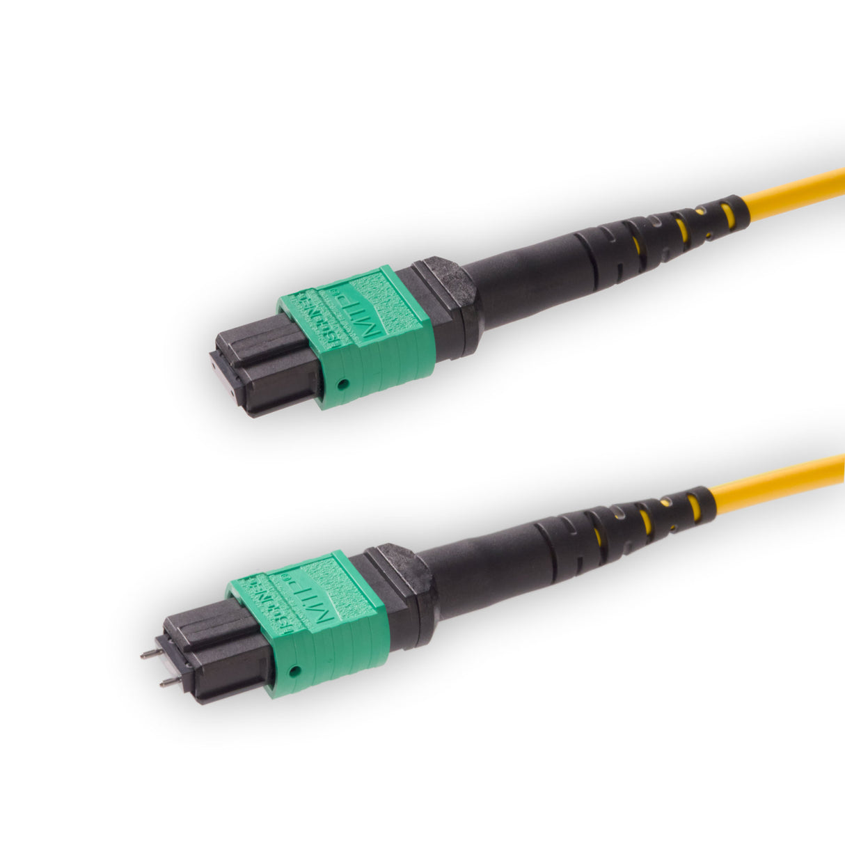 12-Fiber Elite Pinned MTP/APC to Non-Pinned MTP/APC Jumper Cable | Corning SMF-28 Ultra Single-mode Optical Fiber | OS1/OS2 Compatible | Type B, Green MTP Connector, Yellow LSZH Cable Jacket