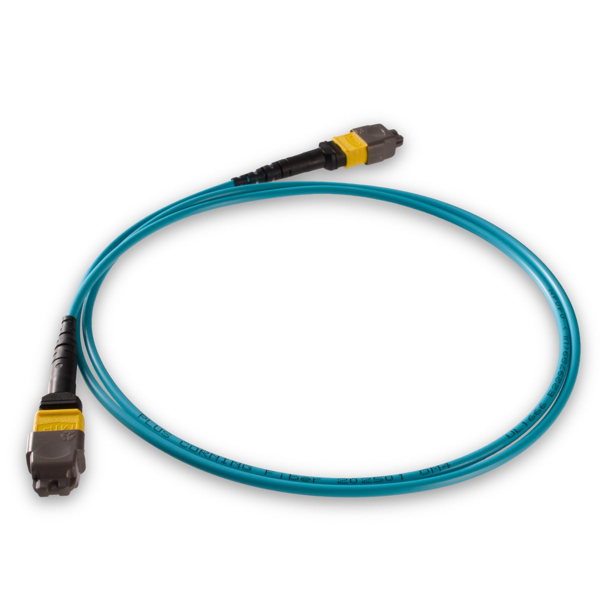 TAA Compliant | 8-Fiber Elite Non-Pinned MTP/APC to Non-Pinned MTP/APC Jumper Cable | Corning ClearCurve OM4 Multimode Optical Fiber | Type B, Yellow MTP Connector, Aqua OFNP Cable Jacket